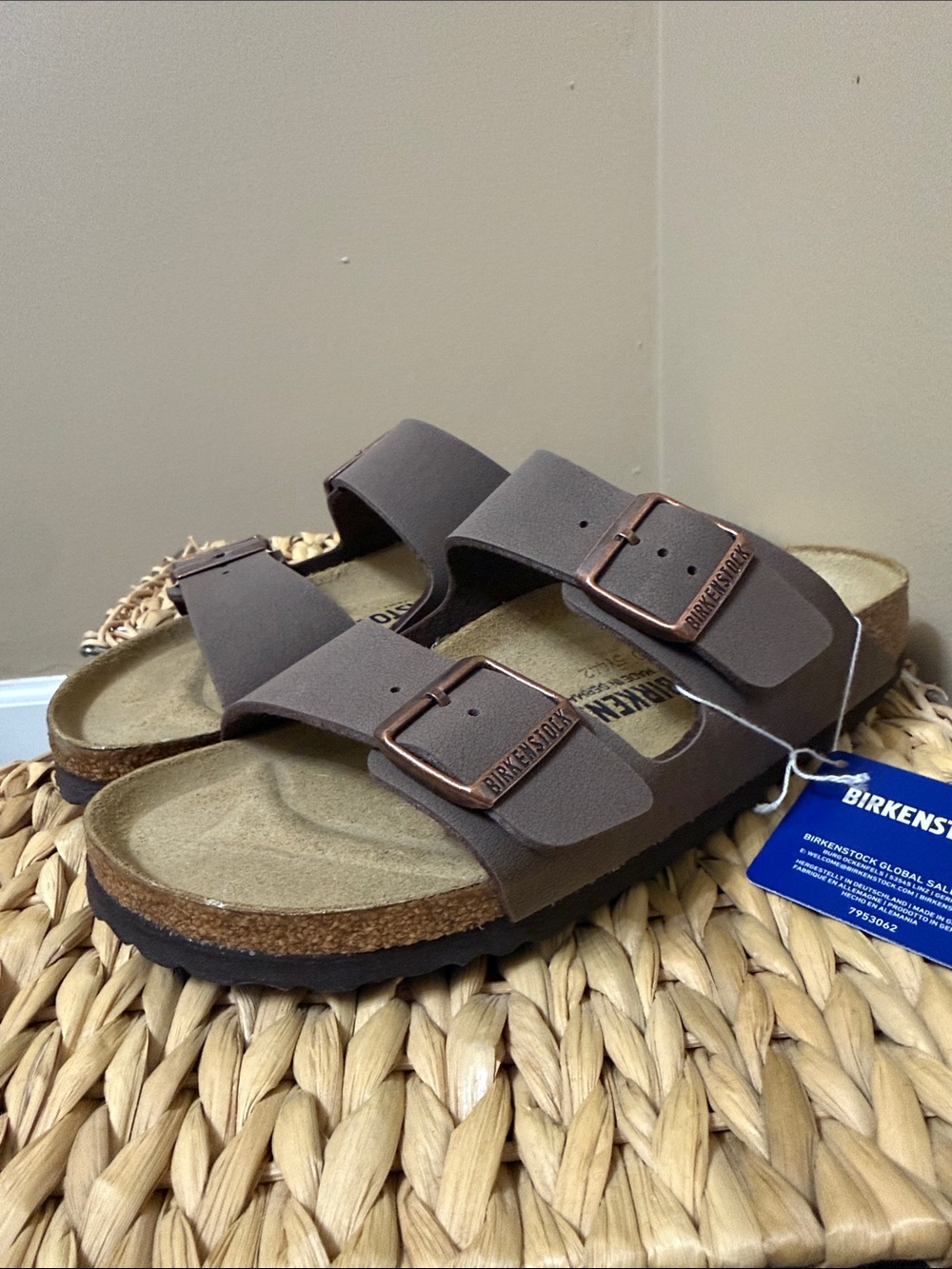 Birkenstock Arizona Two-Strap Sandal in Dark Brown with Copper Buckles